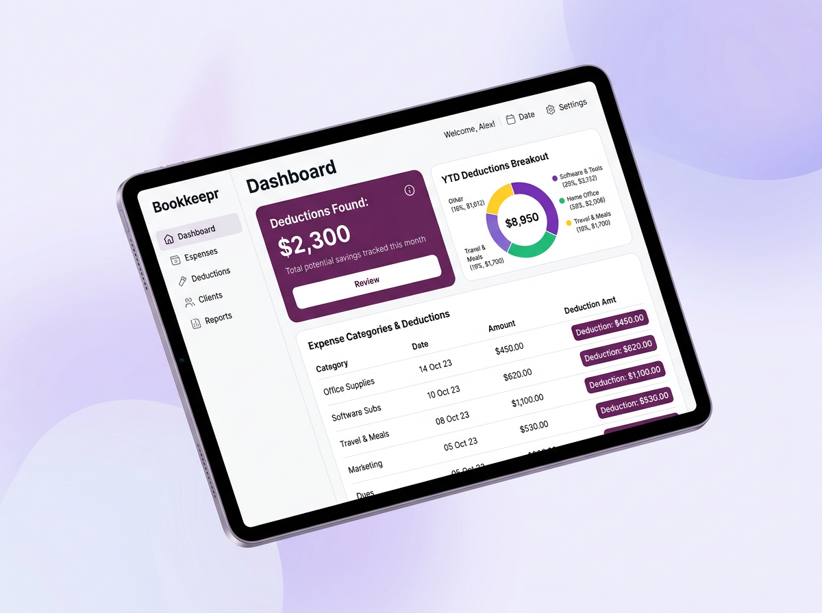 Ledgerly AI bookkeeping dashboard showing expense categorization and highlighted deductions